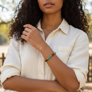 Handmade Turquoise Cross & Beads Stretchy Bracelet Length-7 1/4”